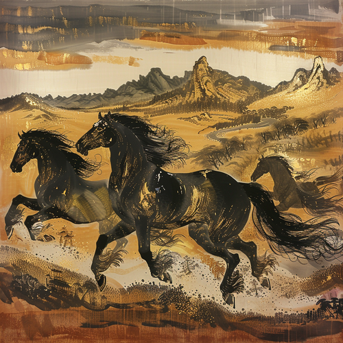 Golden Horse Silk Painting